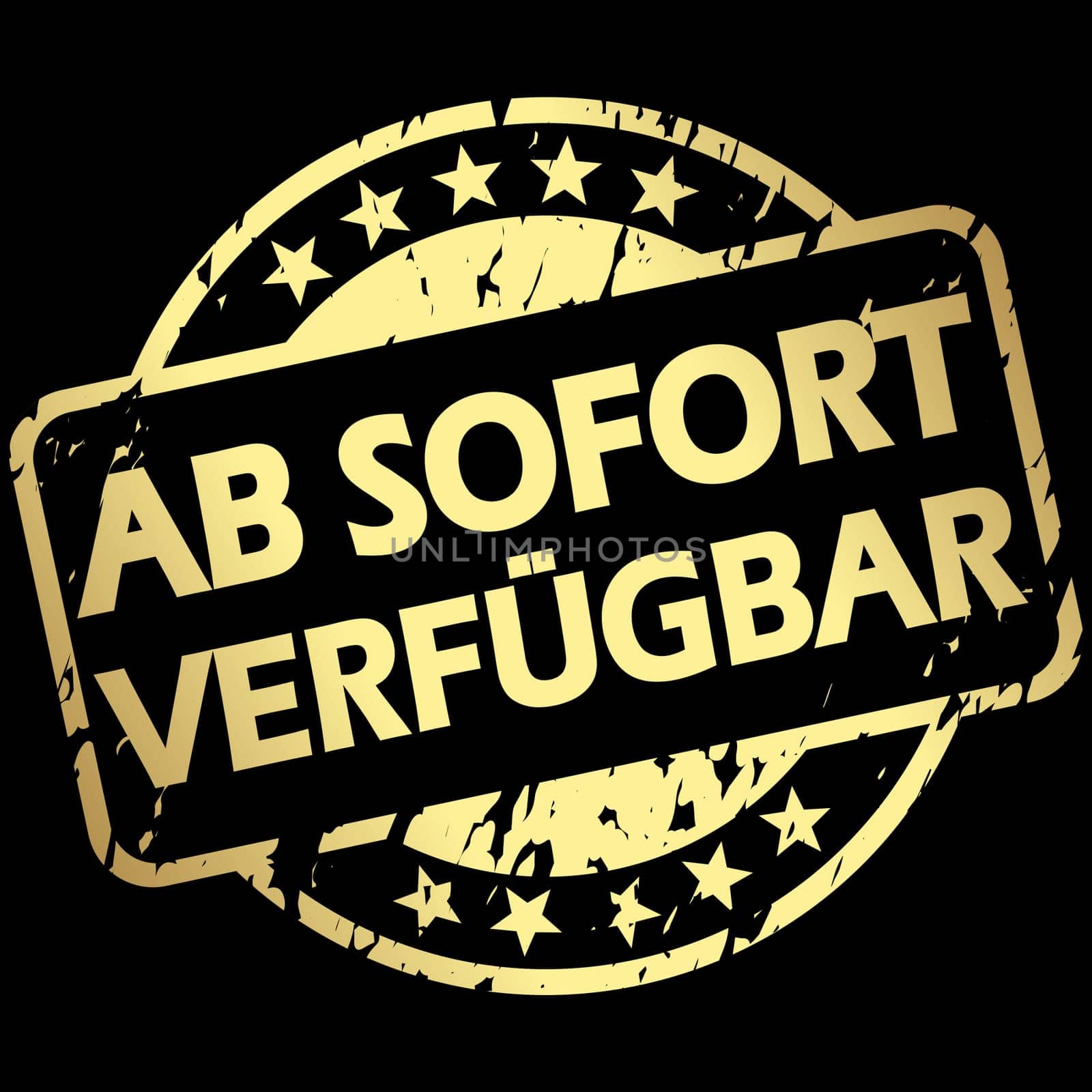 EPS 10 vector with round golden colored stamp with banner and text available now (in german)
