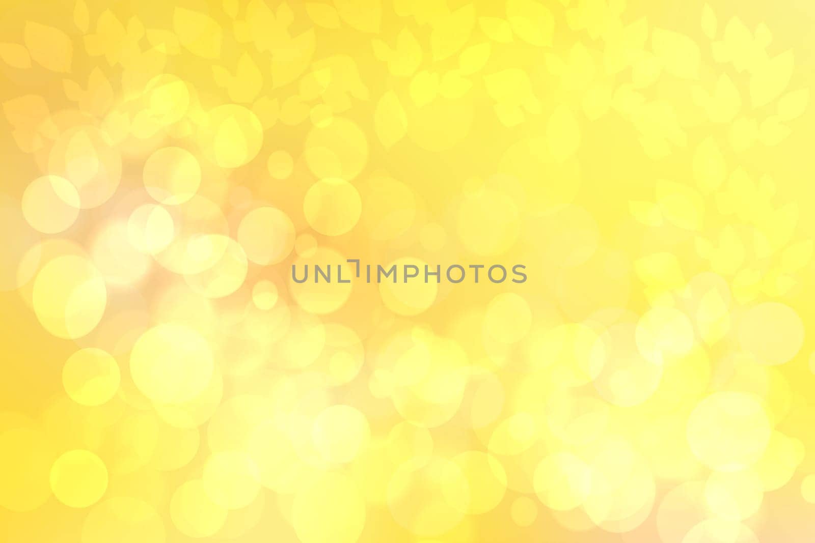 Sunny abstract bright yellow gold bokeh autumn background texture with leaves. Space for your design. Beautiful yellow illustration.