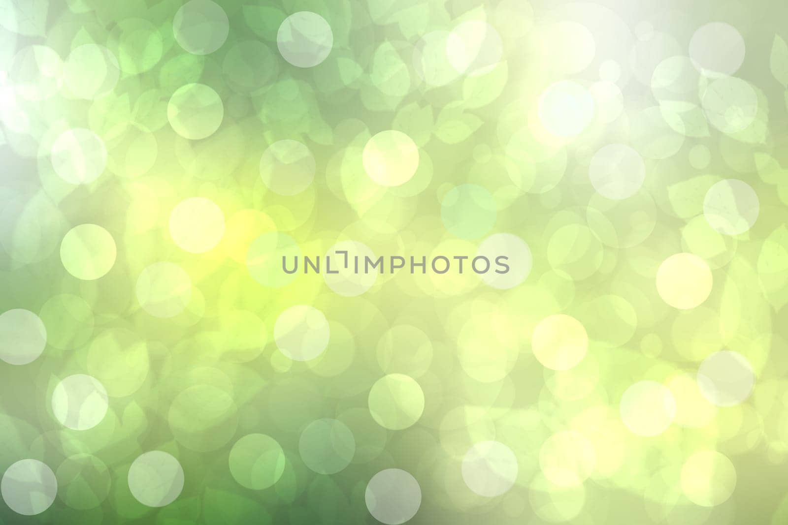 Abstract bright spring or summer landscape texture with natural green bokeh lights and yellow circular lights with sunshine. Autumn or summer background with copy space. Beautiful backdrop.