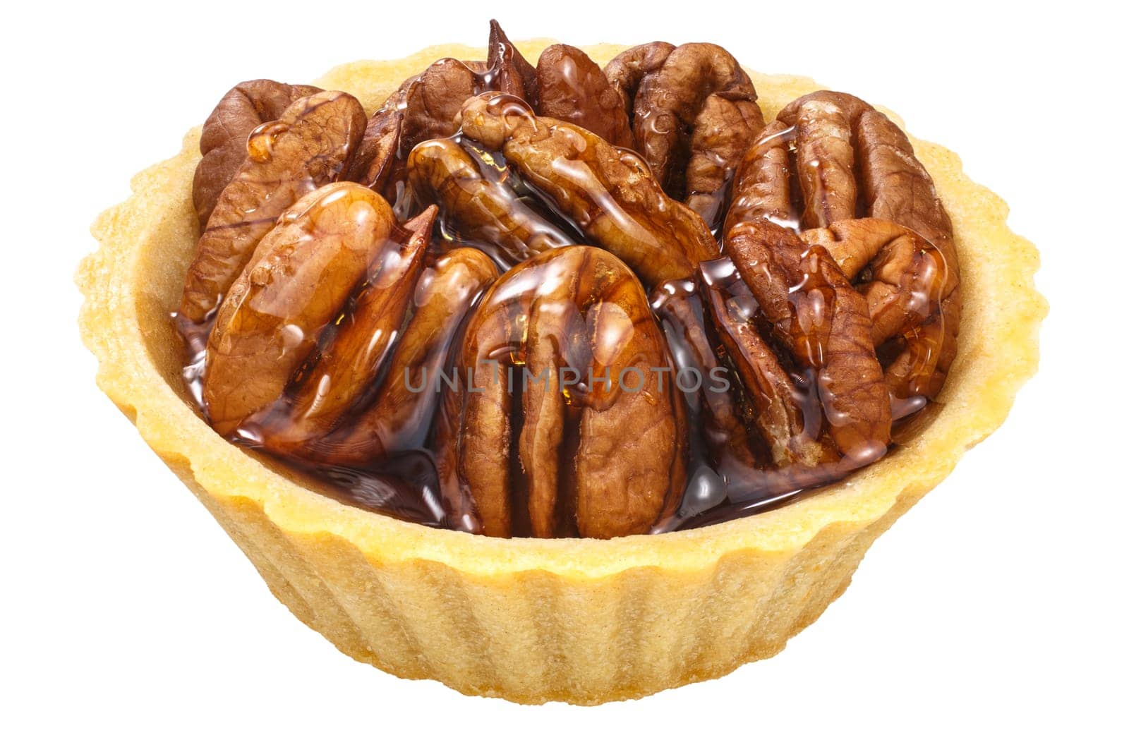 Pecan Maple Syrup baked tart or dessert, isolated