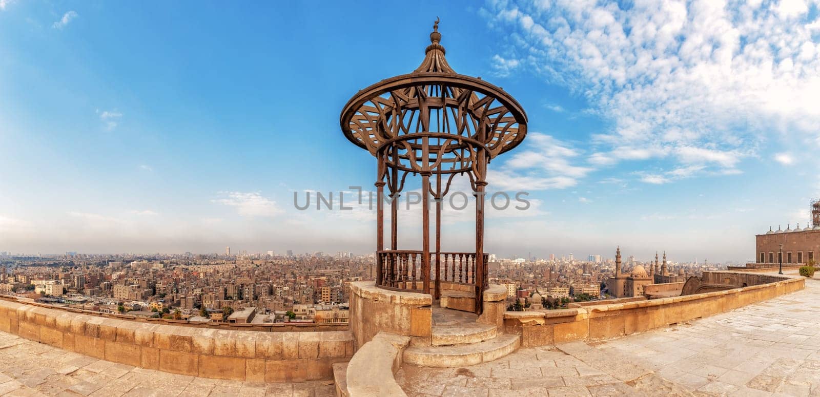 Old forged pavilion in the panorama of Cairo, view of the Citadel.