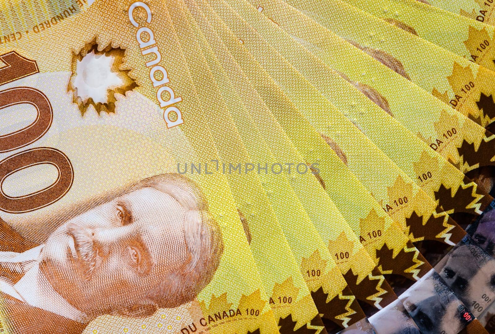 Canadian banknotes background of hundred dollar bills for business and financial concept