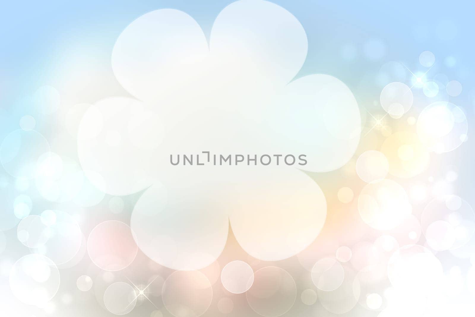 Abstract blurred vivid spring summer light delicate pastel blue pink bokeh background texture with a large soft color cherry blossoms and sparkling stars. Card concept with space. Beautiful backdrop illustration.