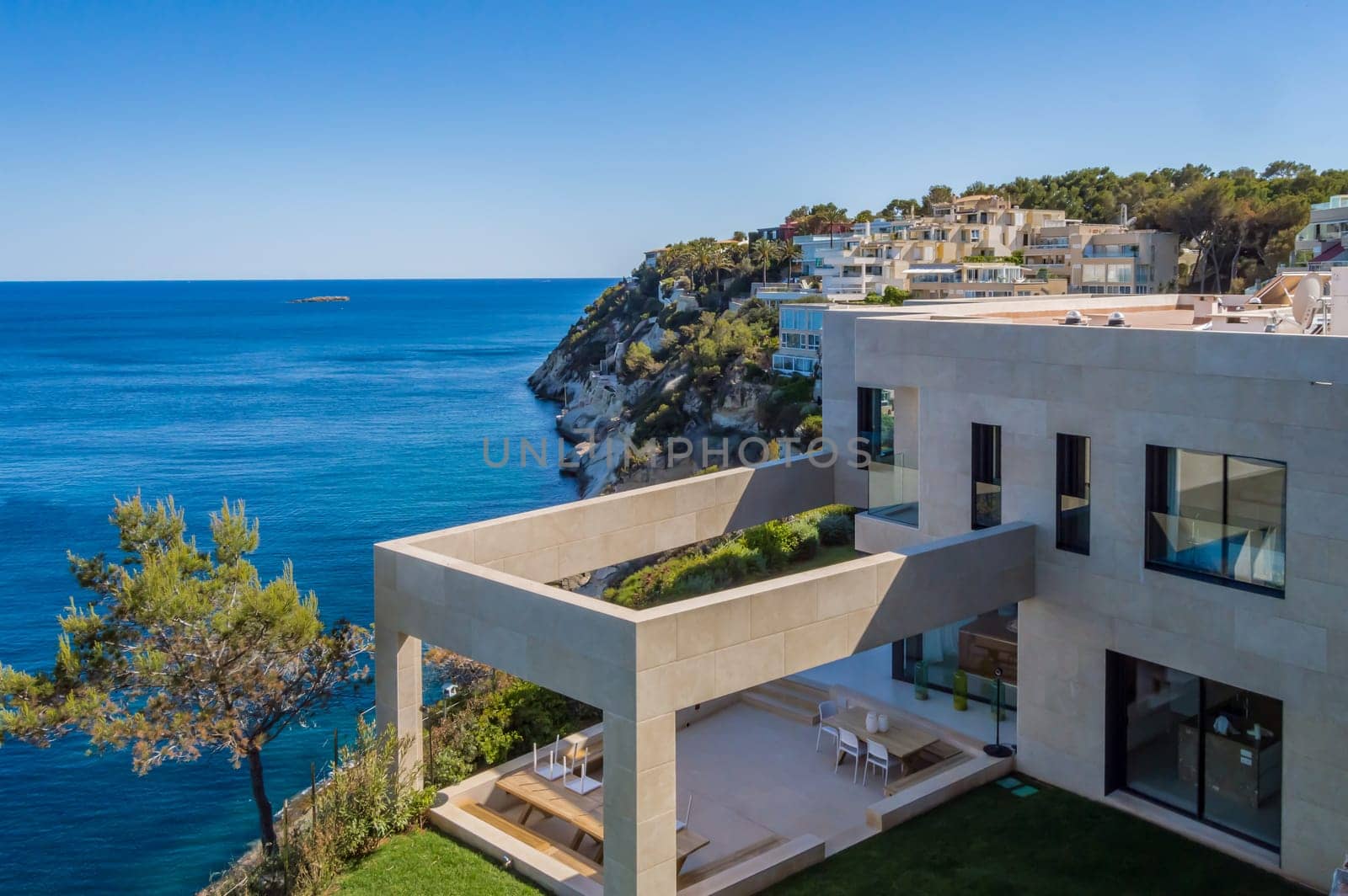 Modern interior by the sea. Outdoor architecture with a fantastic view of the mediteranee sea on the island of Majorca
