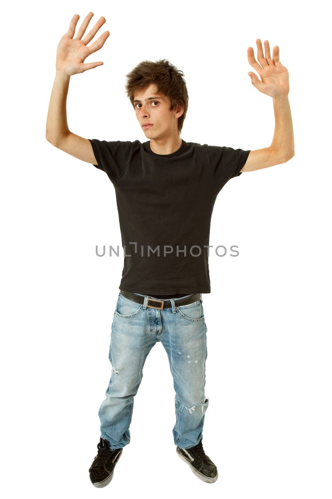 casual young man full body with big hands