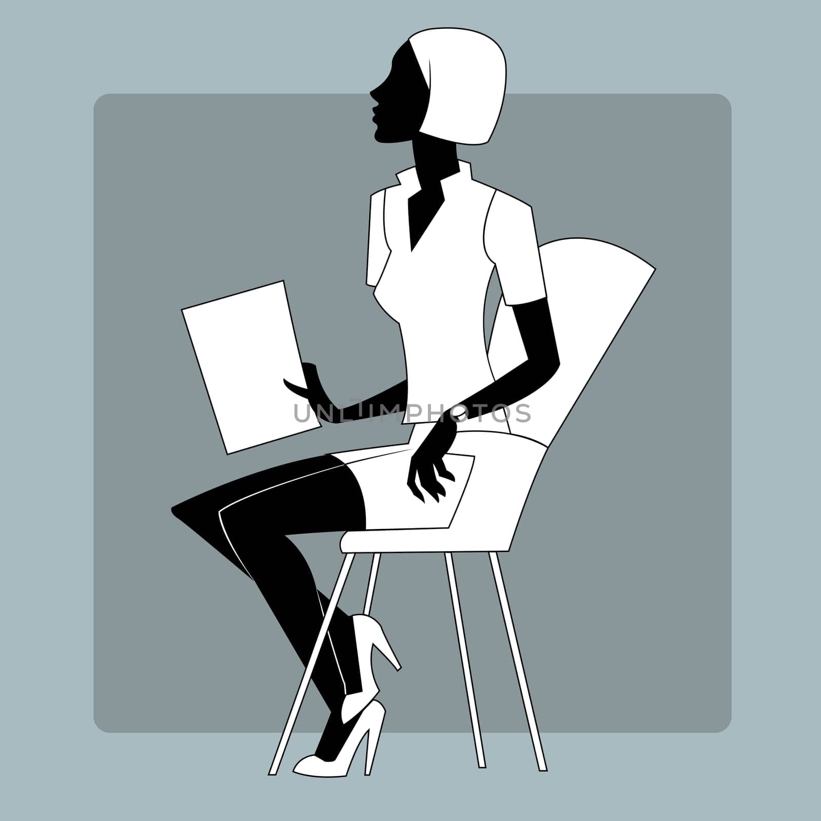 Briefing at the office or at a conference. Young woman with sheets of paper sitting on a chair