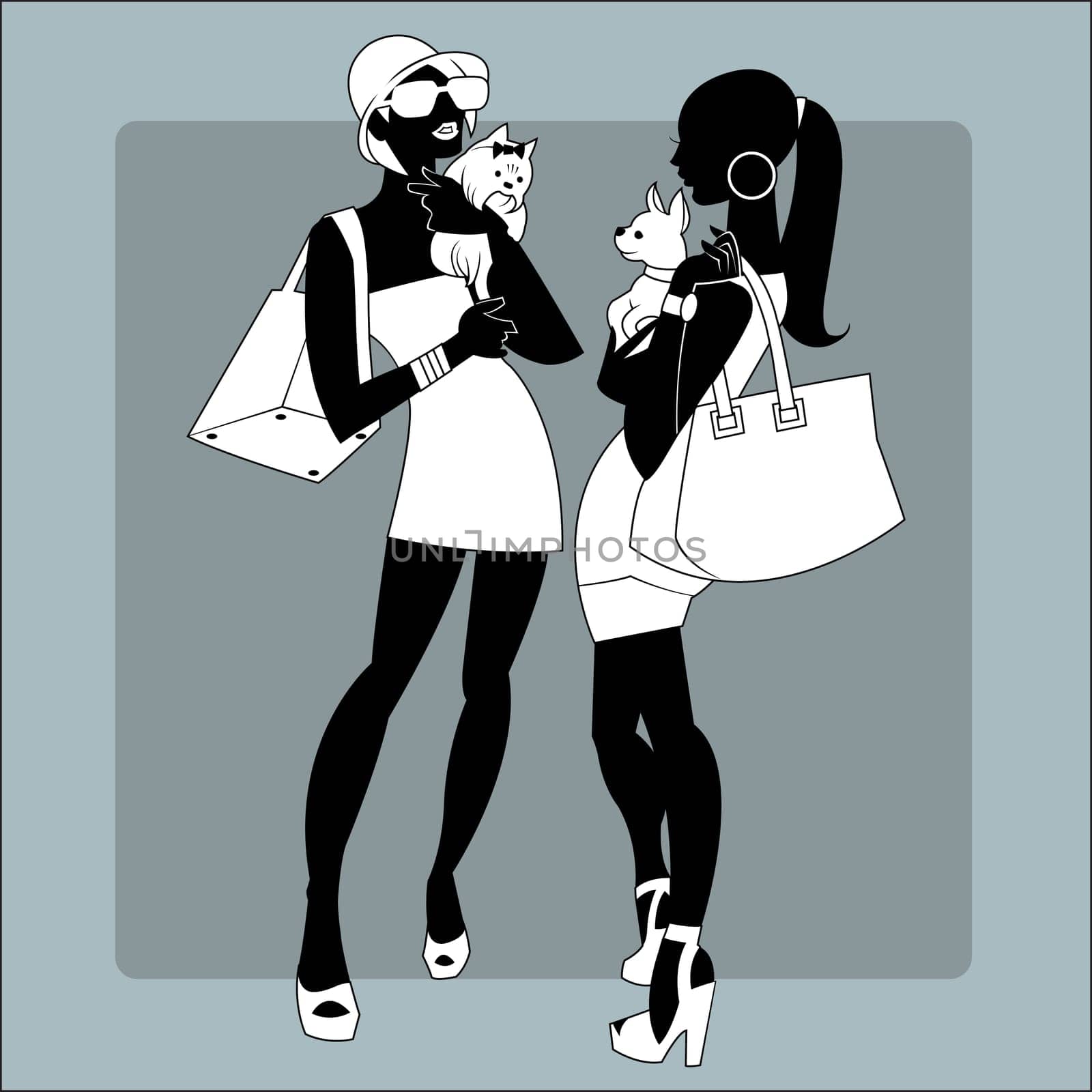 Ladies in summer dresses with dogs on hand communicate with each other. Symbol icon