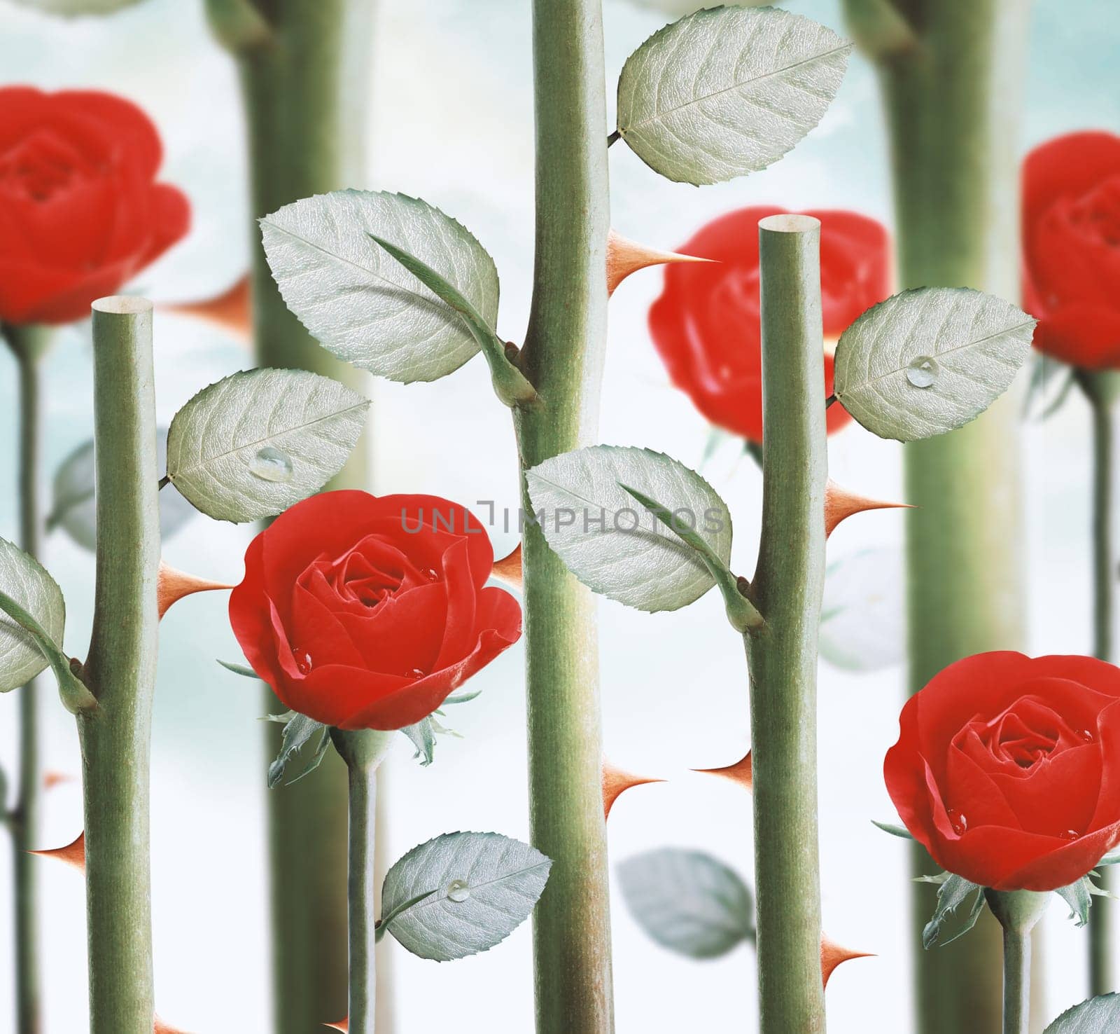 field of fresh red garden roses.
