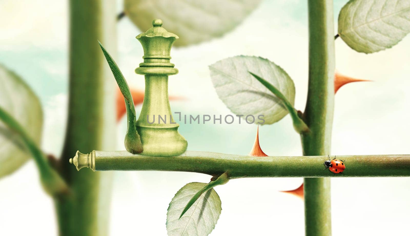 Green Minister Chess on rose stem, Power and Challenge concept.
