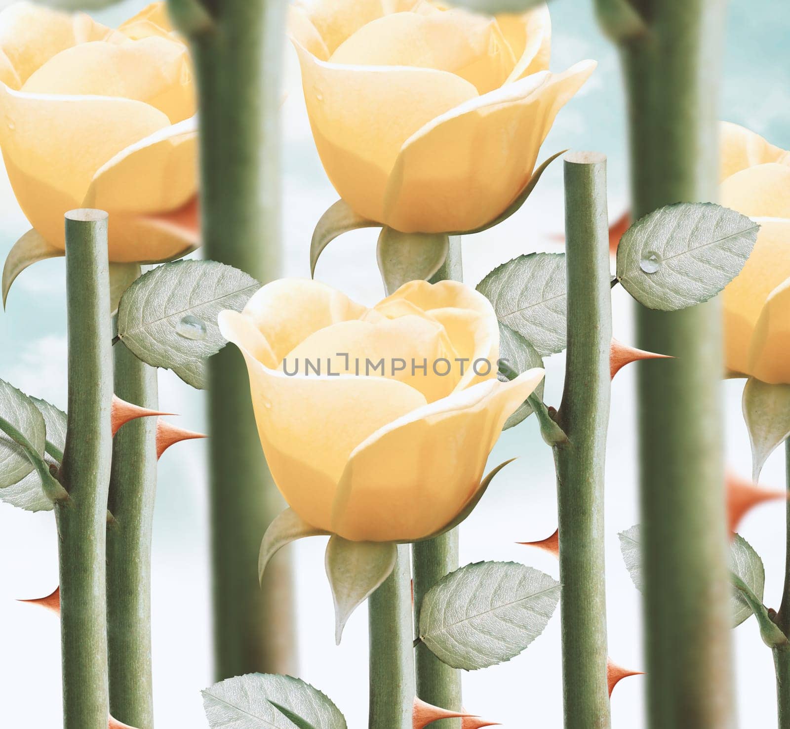 field of fresh yellow garden roses.
