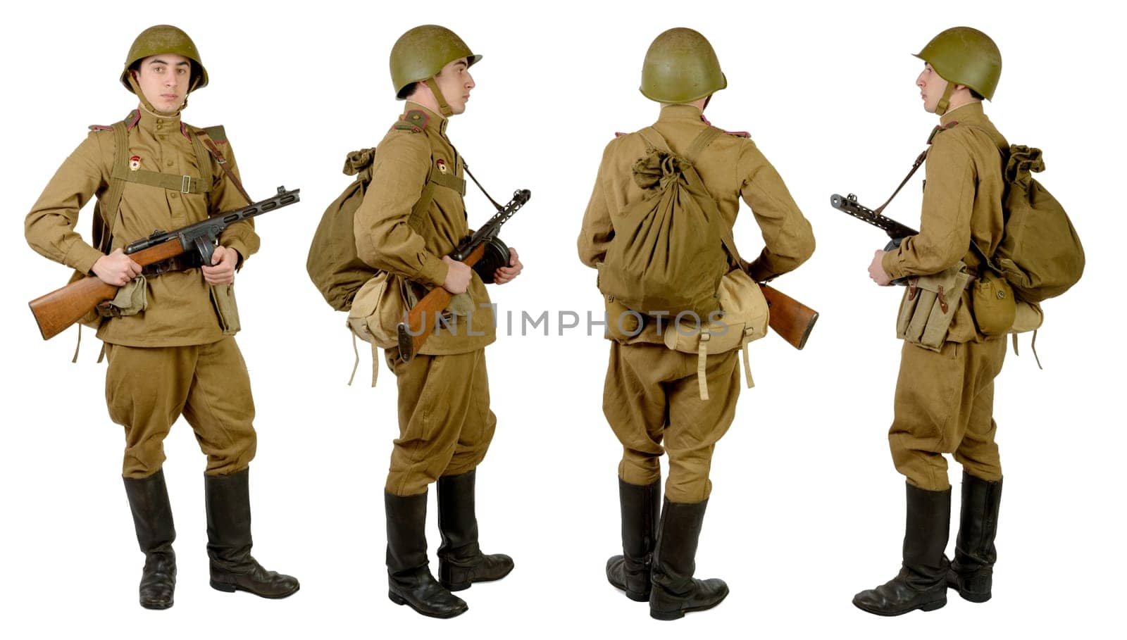 Soviet soldier in wwii, front, profile and back