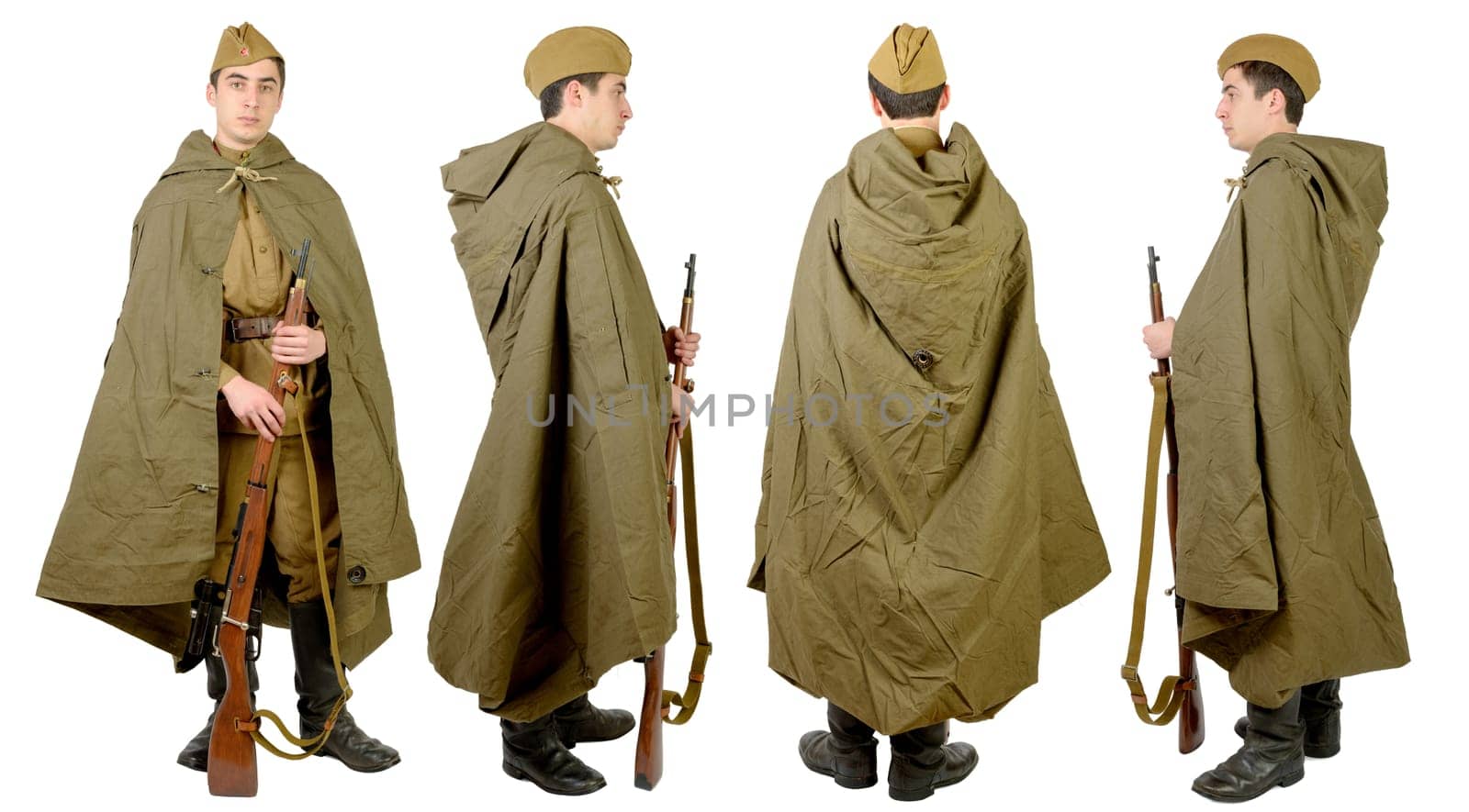 Soviet soldier in wwii, front, profile and back