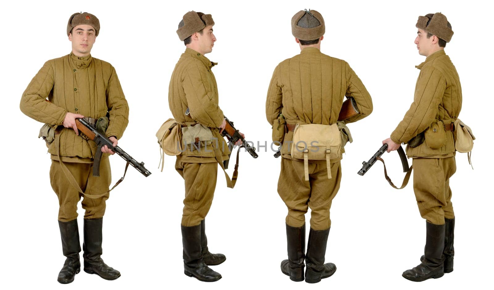 Soviet soldier in wwii, front, profile and back