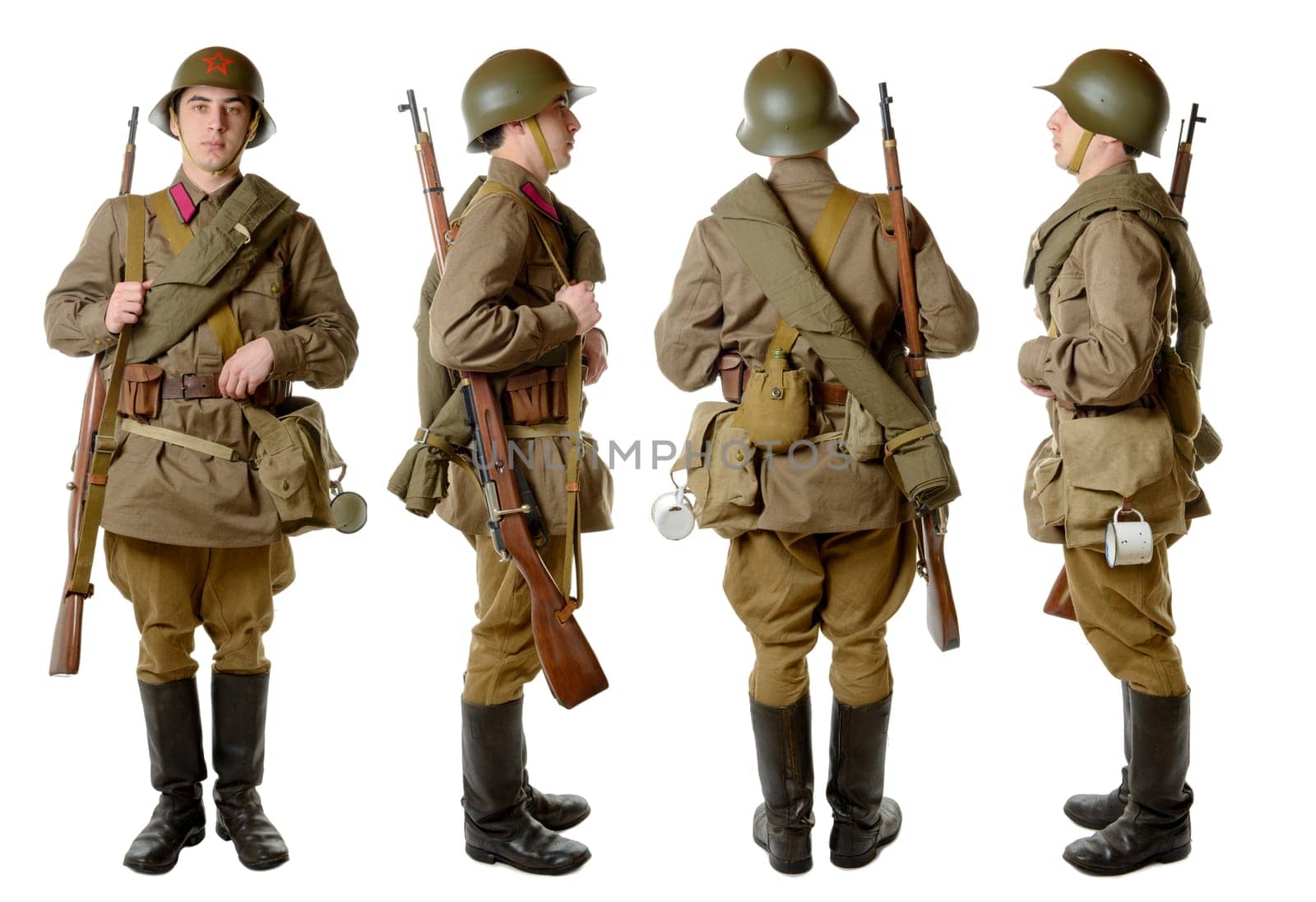 Soviet soldier in 1941, front, profile and back