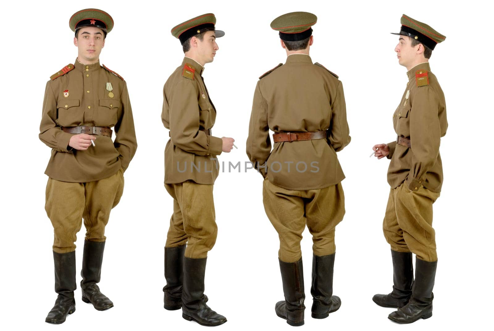 Soviet soldier in wwii, front, profile and back