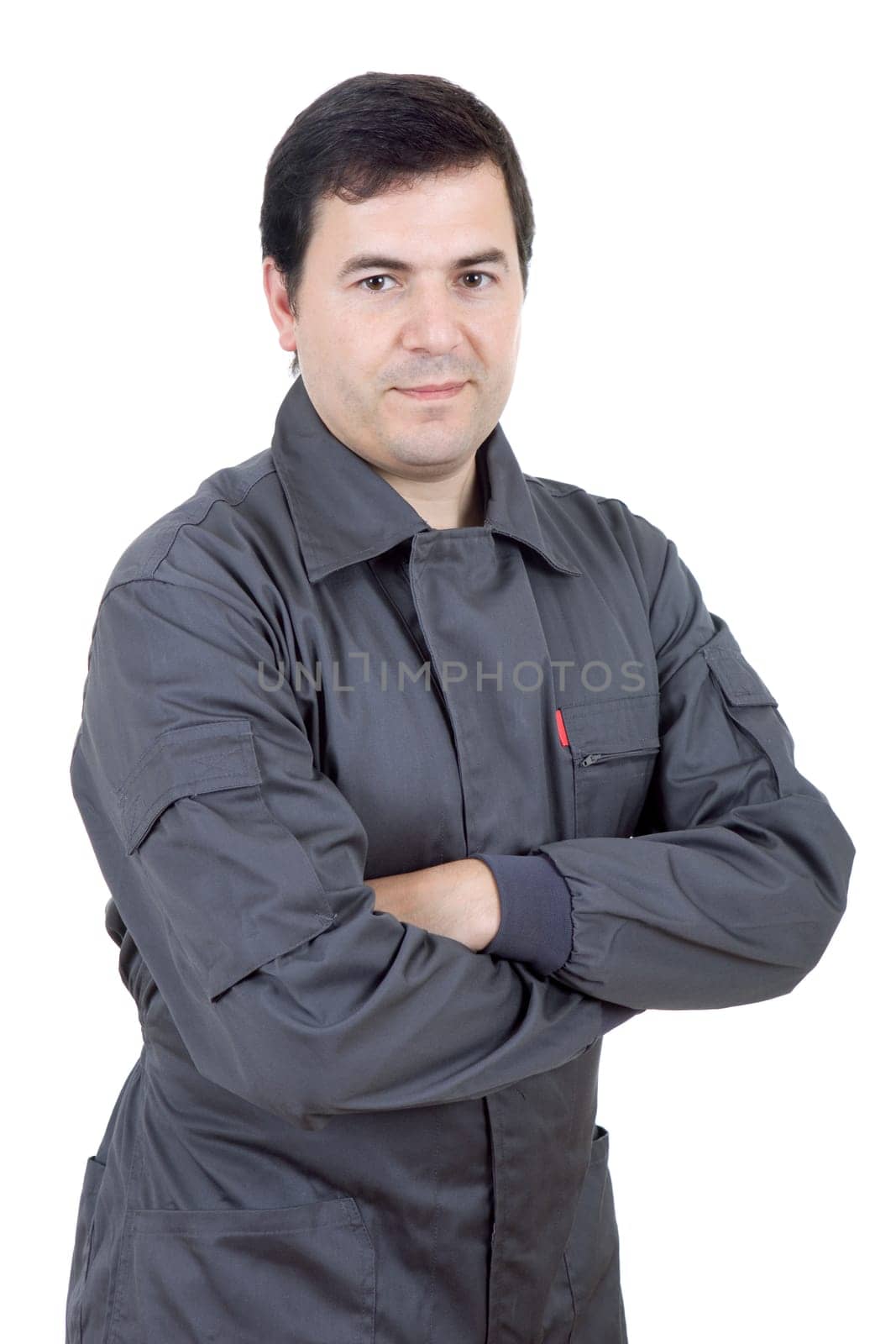 young happy handyman isolated on white background