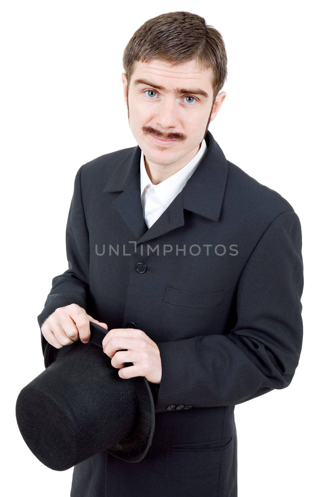 young man dressed as vintage groom, isolated