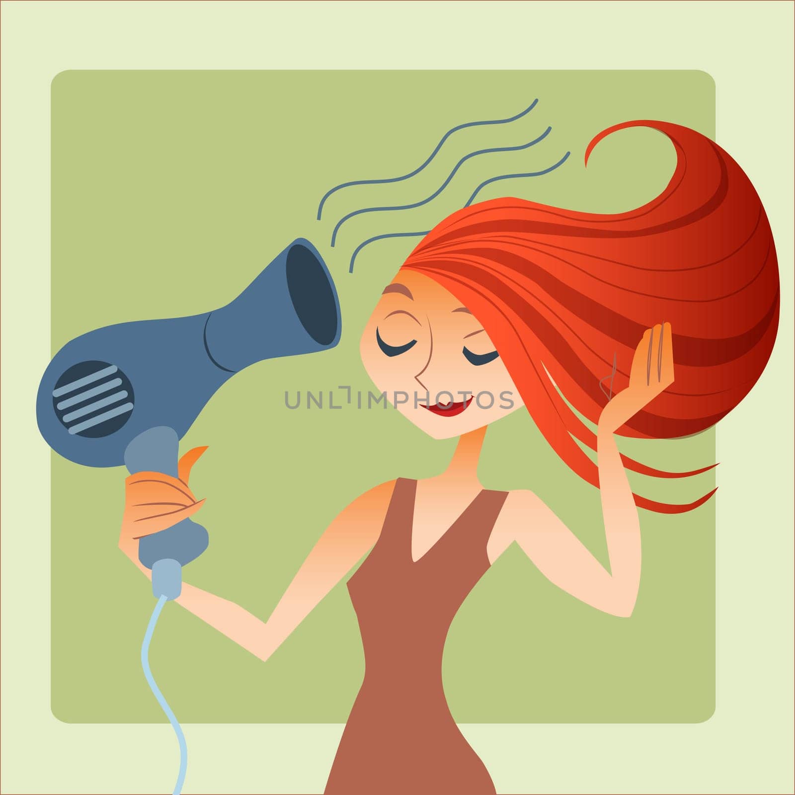 Young woman drying hair. Morning gathering for a date or a job