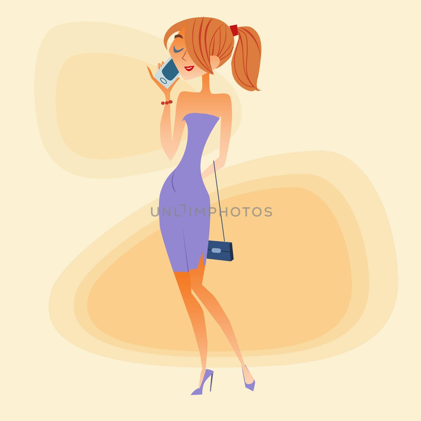 Young woman in evening dress talking on the smartphone