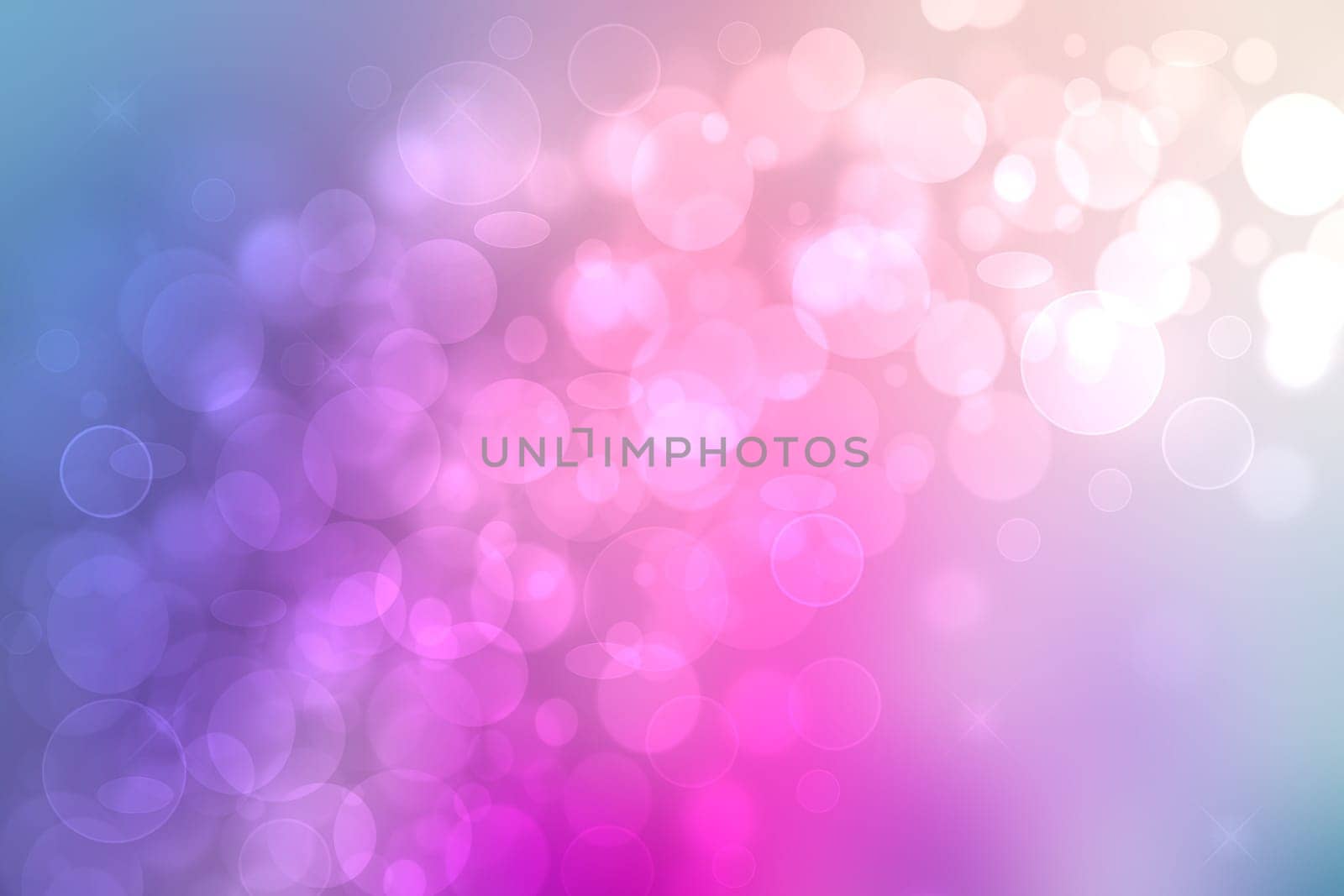 Abstract gradient of pink blue pastel light background texture with glowing circular bokeh lights and stars. Beautiful colorful spring or summer backdrop.