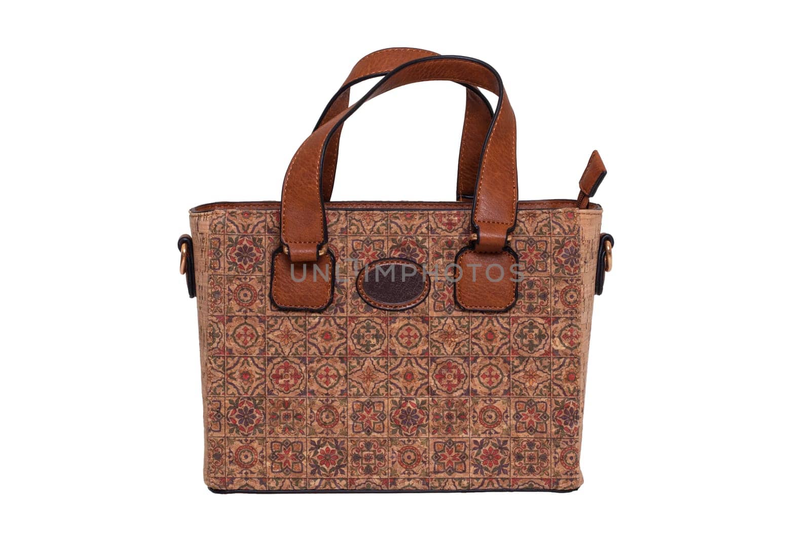 Hand bag isolated. Fashionable brown female luxury women bag  made from oak cork isolated on a white background. Womans accessories.