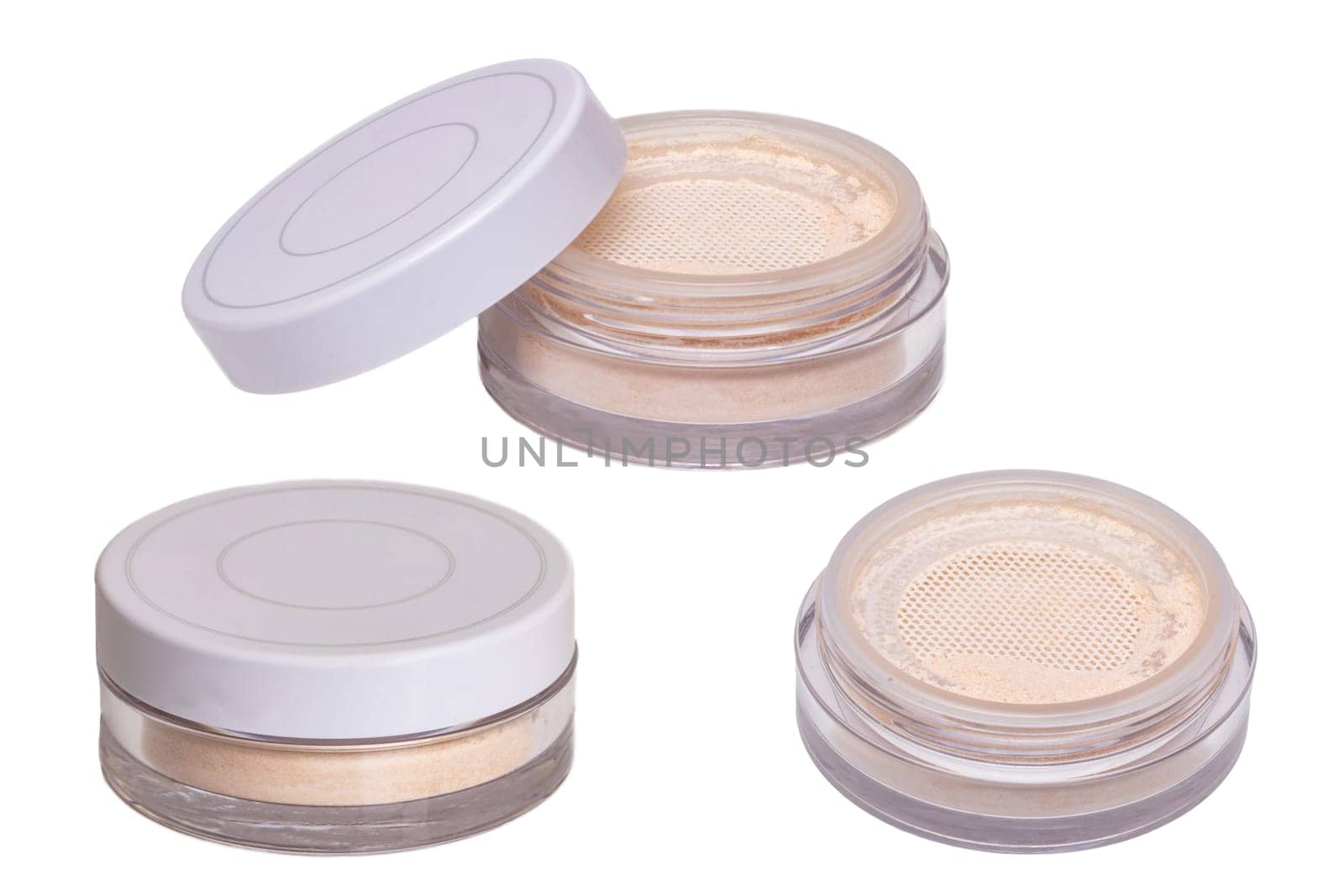 Face powder isolated. Collage set of translucent loose powder for face in a open and closed jar isolated on white background. Concept beauty.