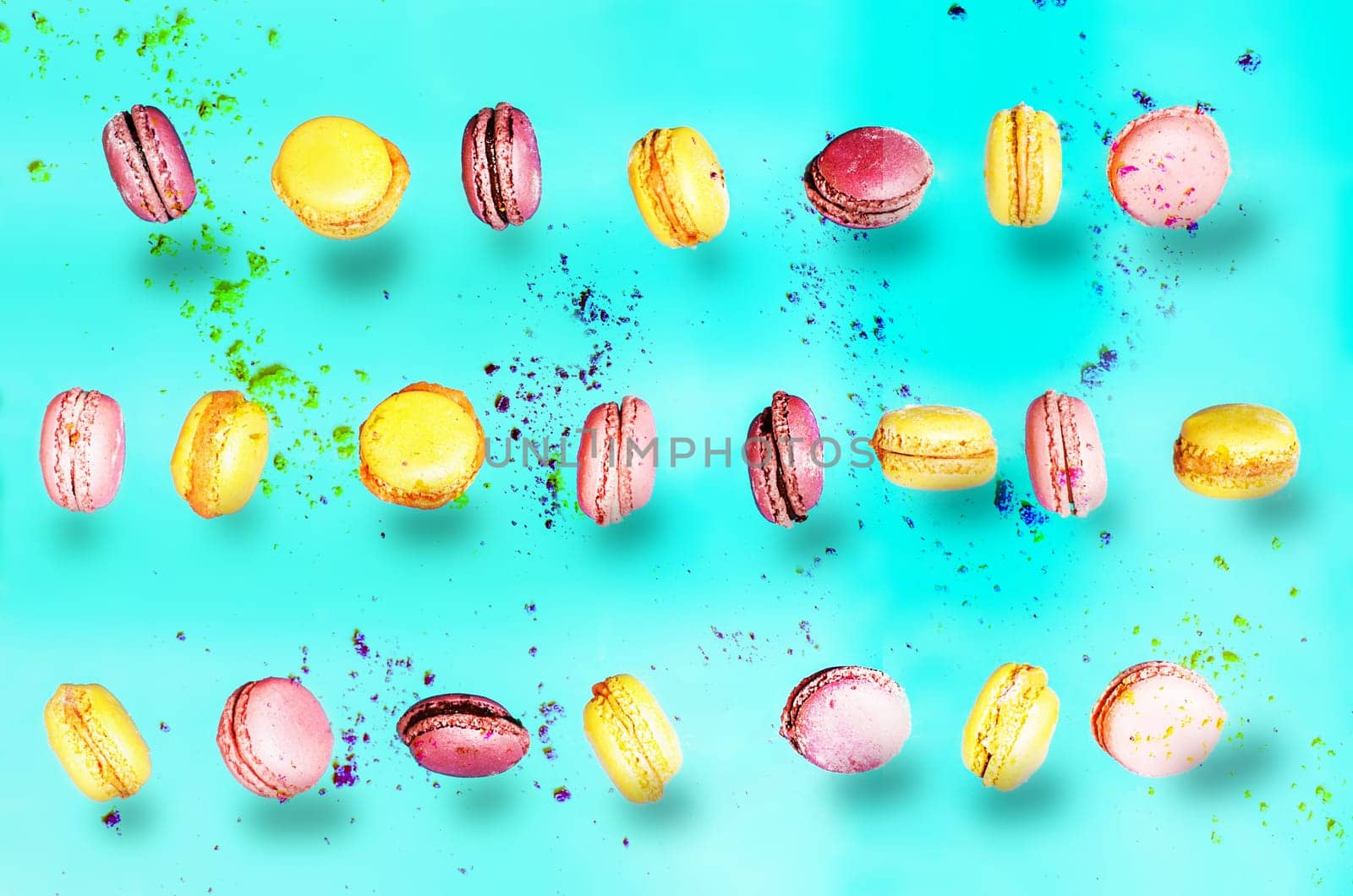Macaroon cookies flying and floating in the air
