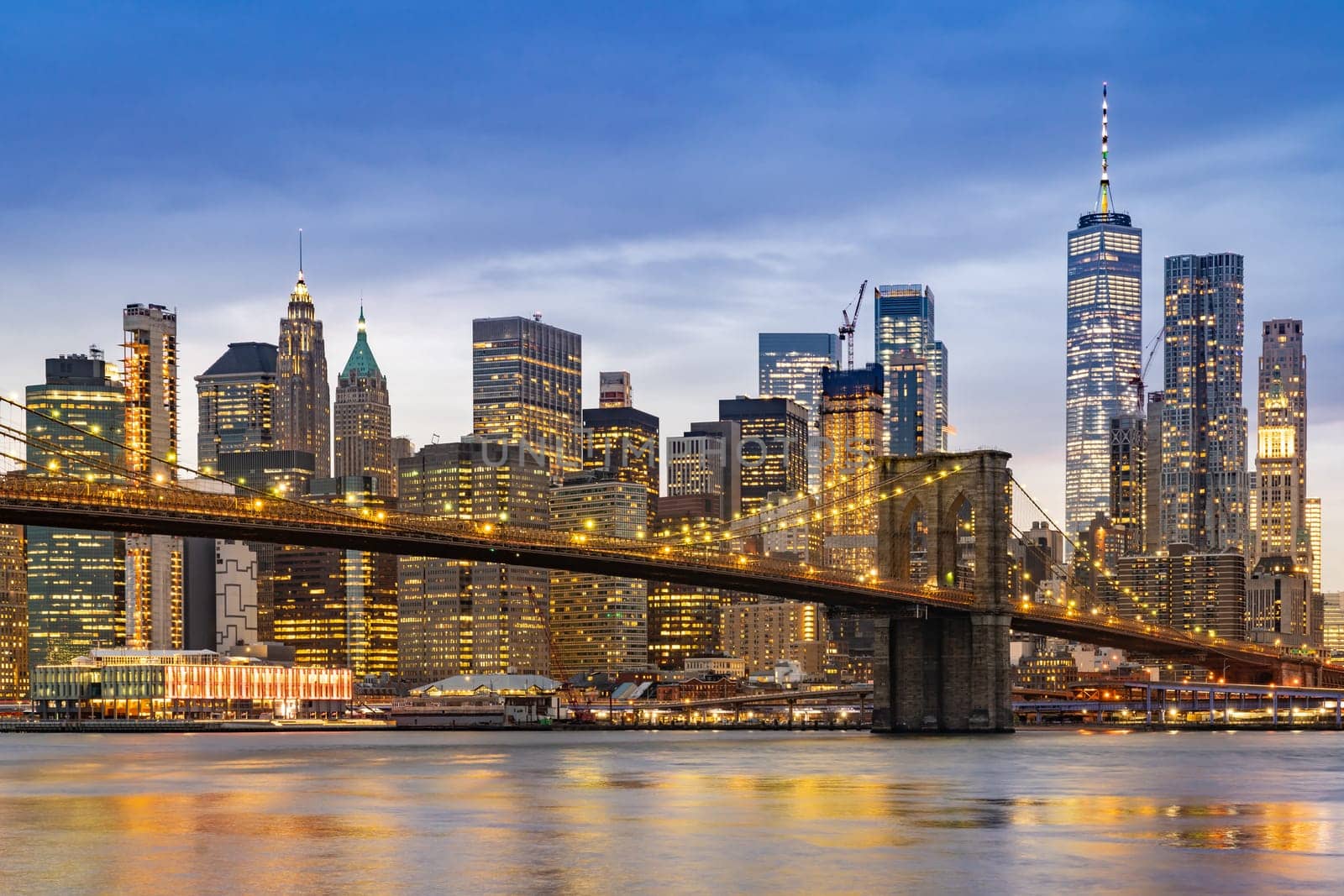 Brooklyn bridge with Lower Manhattan skyscrapers bulding for New York City in New York State NY , USA
