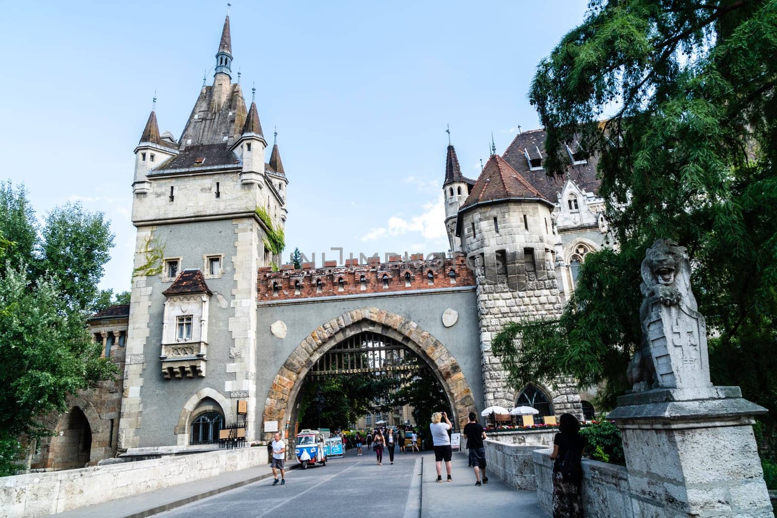 Budapest, Hungary - July 04, 2019: The Vajdahunyad castle, built to celebrate the Millennium, perfectly illustrates the different architectural styles that characterize Hungary. It is partly inspired by the castle of Honedoara (Transylvania, Romania).