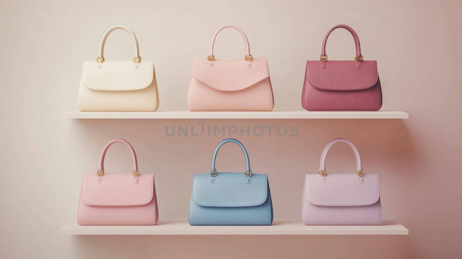 A delightful array of six handbags in pastel shades, including yellow, pink, blue, and purple, showcased on a sleek shelf in a boutique, offering a chic shopping experience.