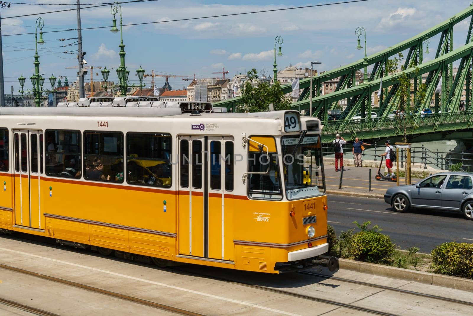 Budapest, Hungary _ July 05, 2019: The Budapest tram network is part of the mass transit system of Budapest, the capital of Hungary. The tram lines carrying nearly 100 million passengers and tourists. Characteristic and very beautiful to see. Budapest, Hungary.