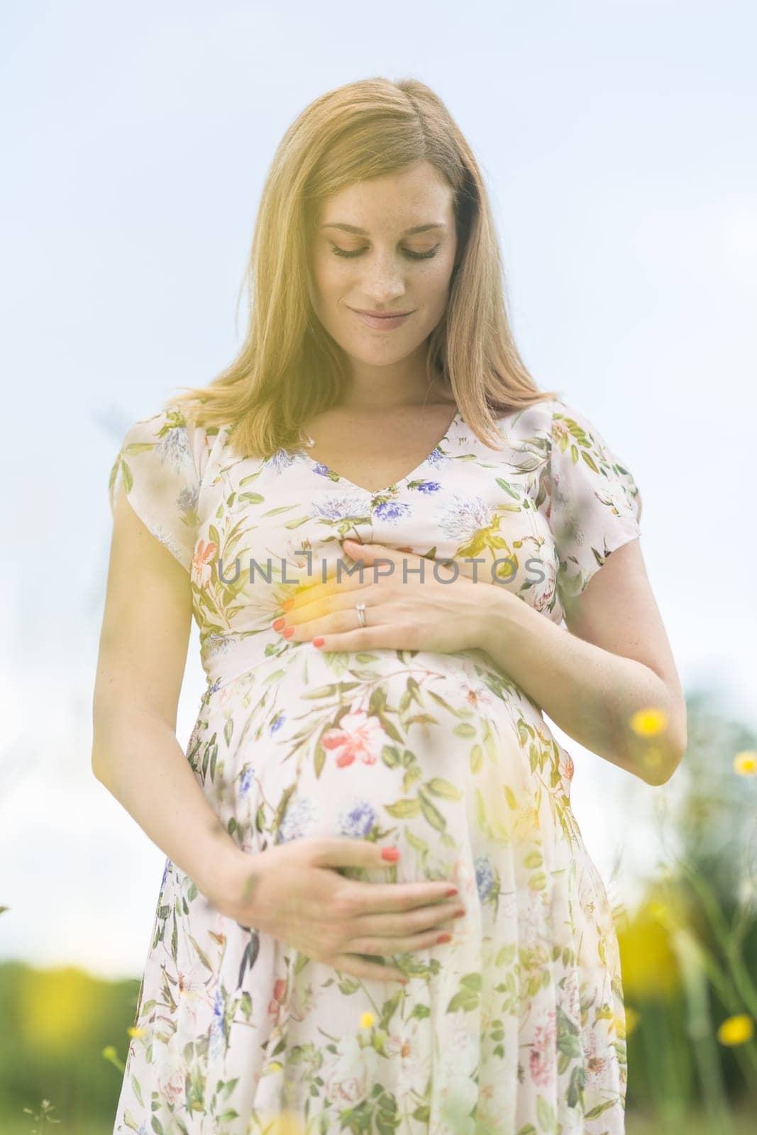 Portrait of beautiful pregnant woman in white summer dress relaxing in meadow full of yellow blooming flowers. Concept of healthy maternity care.