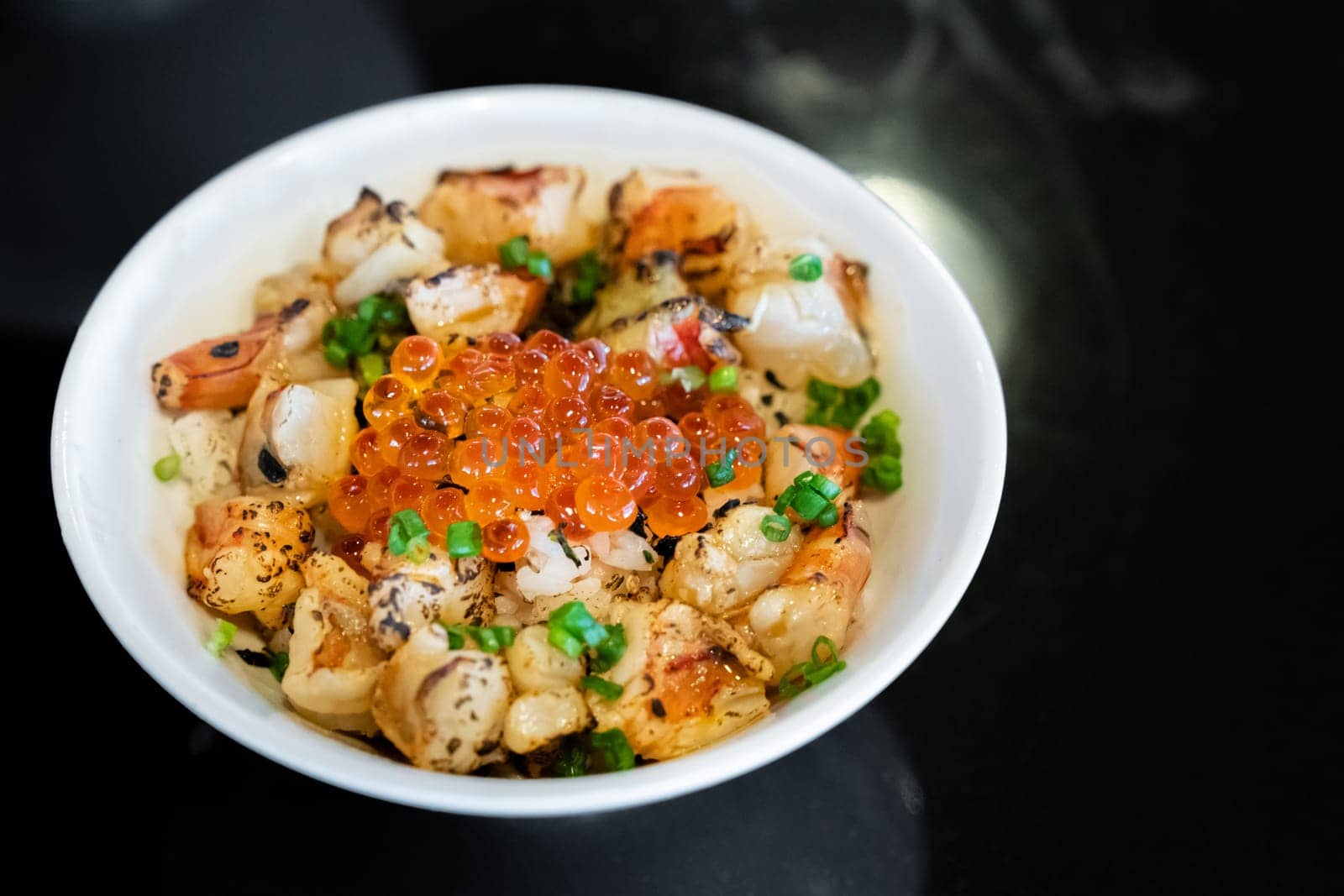 grilled prawn shrimp ebidon Donburi with salmon roe and egg