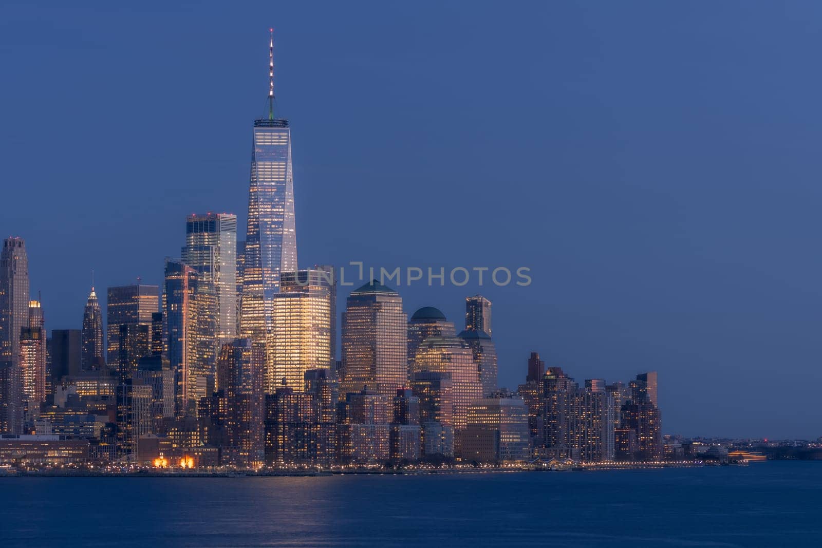 Aerial view of New York city Manhattan skyline cityscape at dusk from New Jersey.