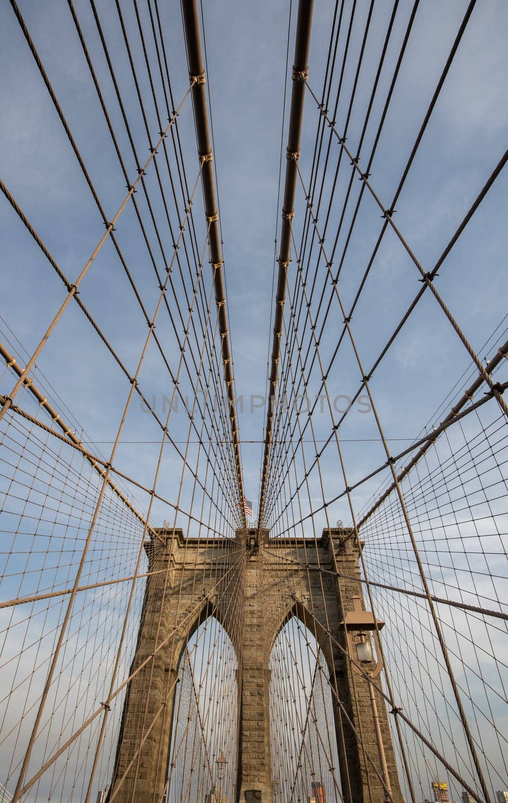 Architecture of Brooklyn bridge over east river in Brooklyn New York city NYC USA.