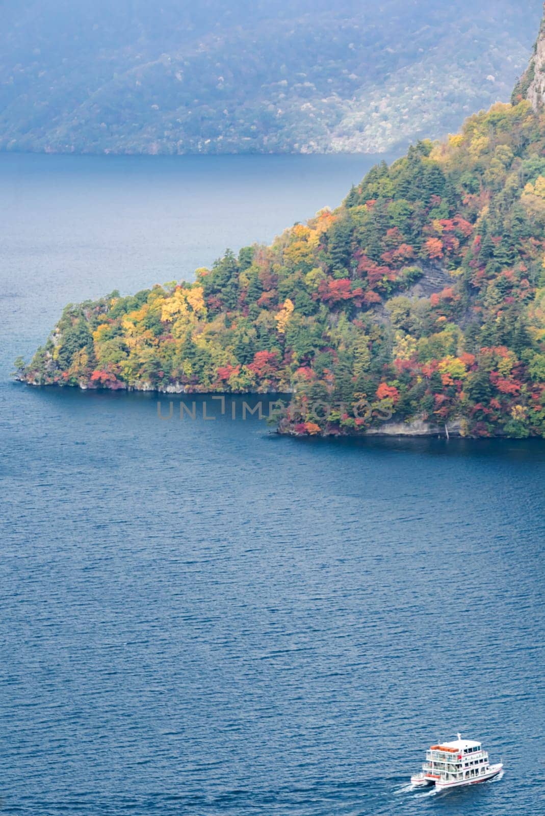 aerial view of Autumn fall mountain with Lake towada in Aomori Tohoku Japan