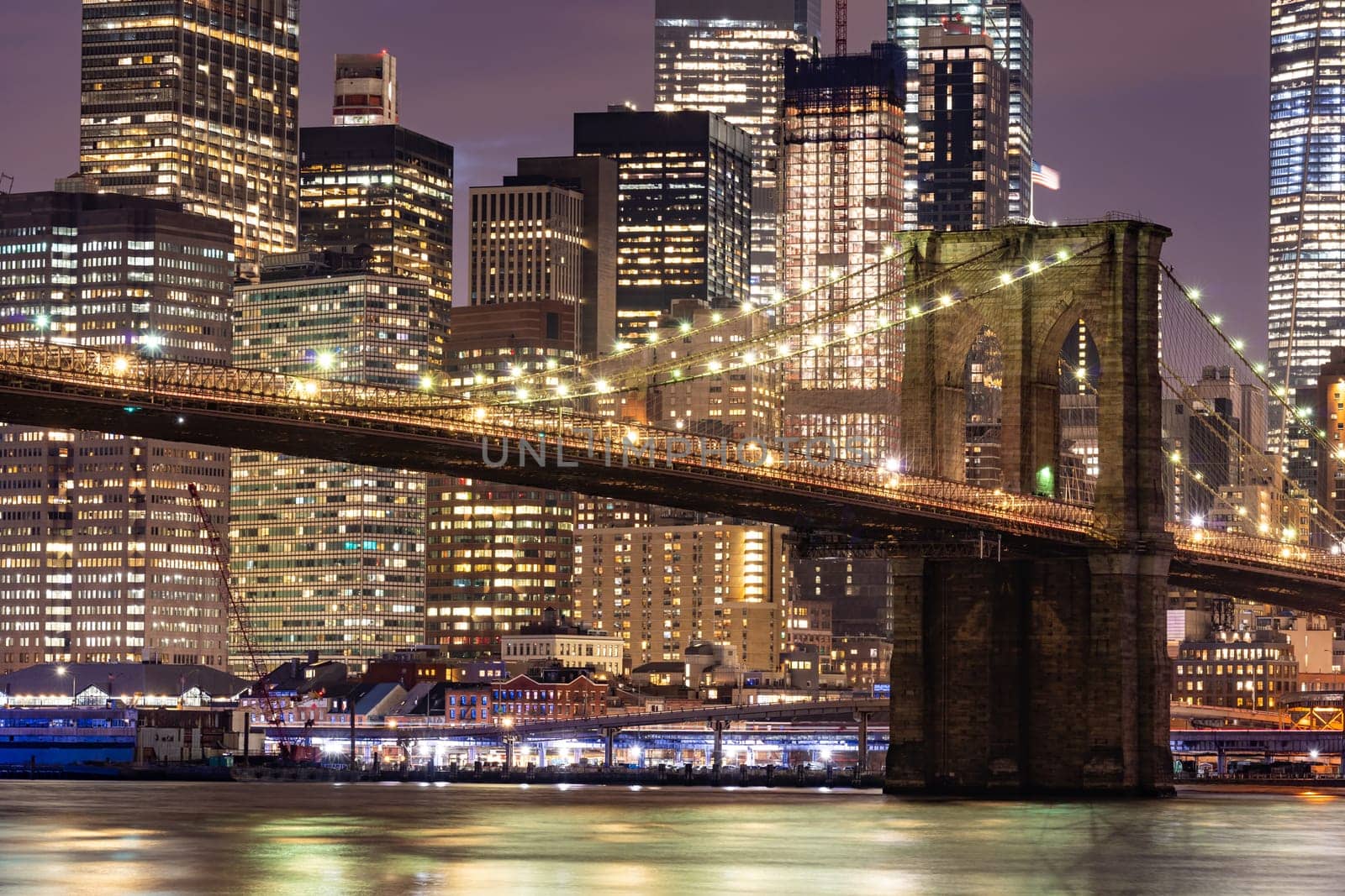 Brooklyn bridge with Lower Manhattan skyscrapers bulding for New York City in New York State NY , USA