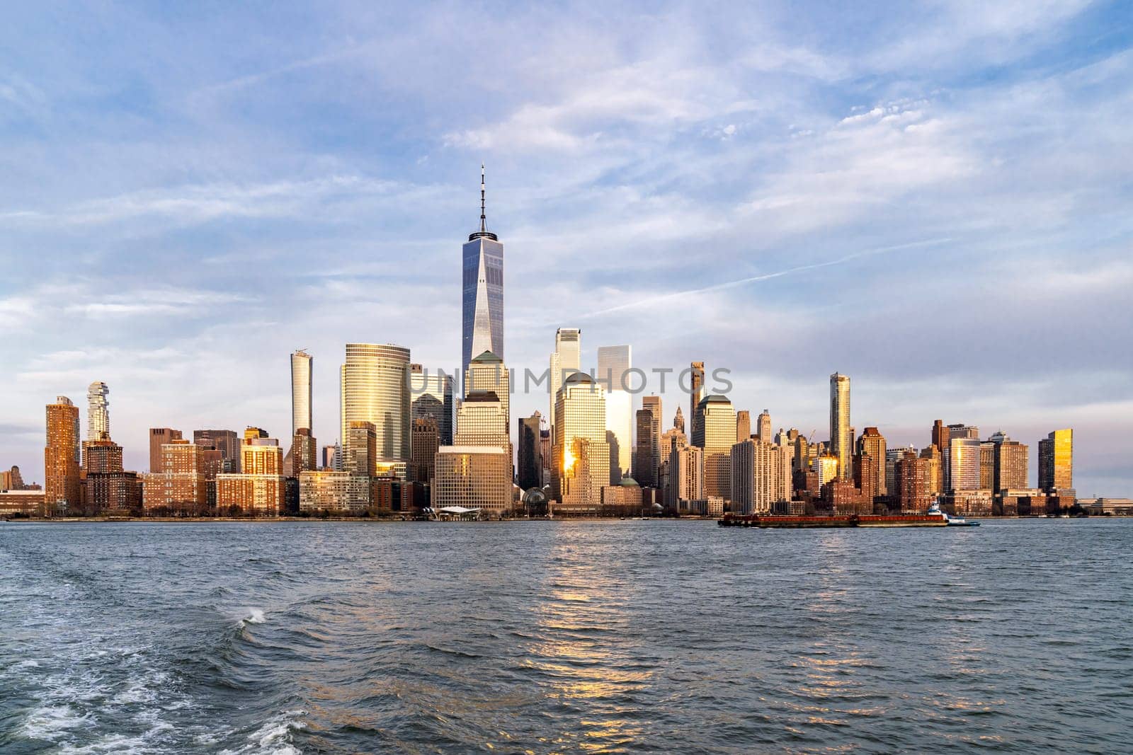 New York city Manhattan skyline cityscape at sunset from New Jersey.