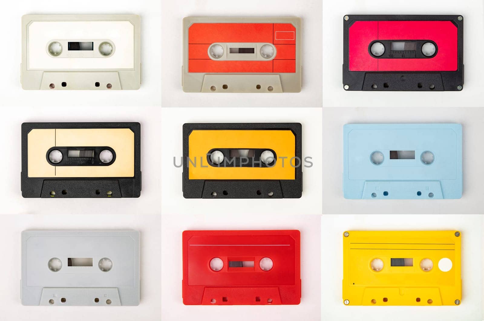Collection from Retro Audio Tapes in a row isolated on white background