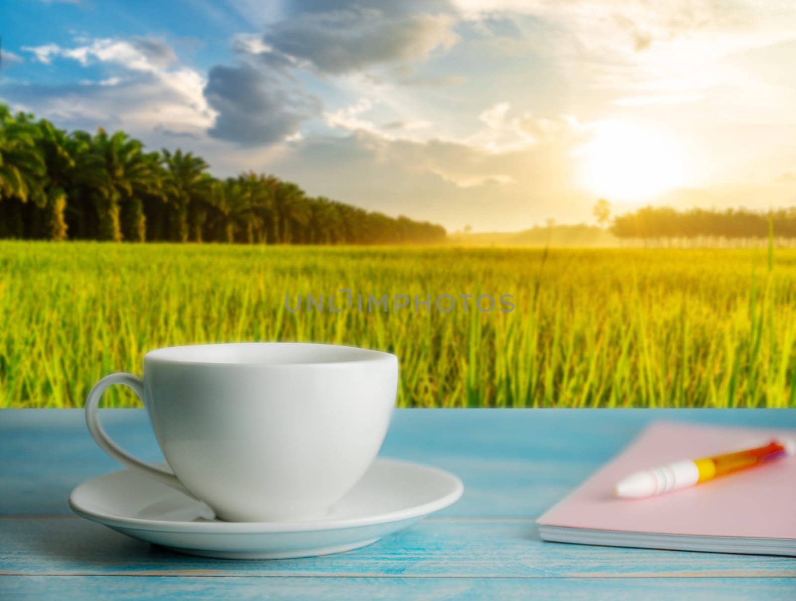 A cup of coffee and notebook with blurred rice field rural with colorful of sky in morning light, Relaxation and remember concept