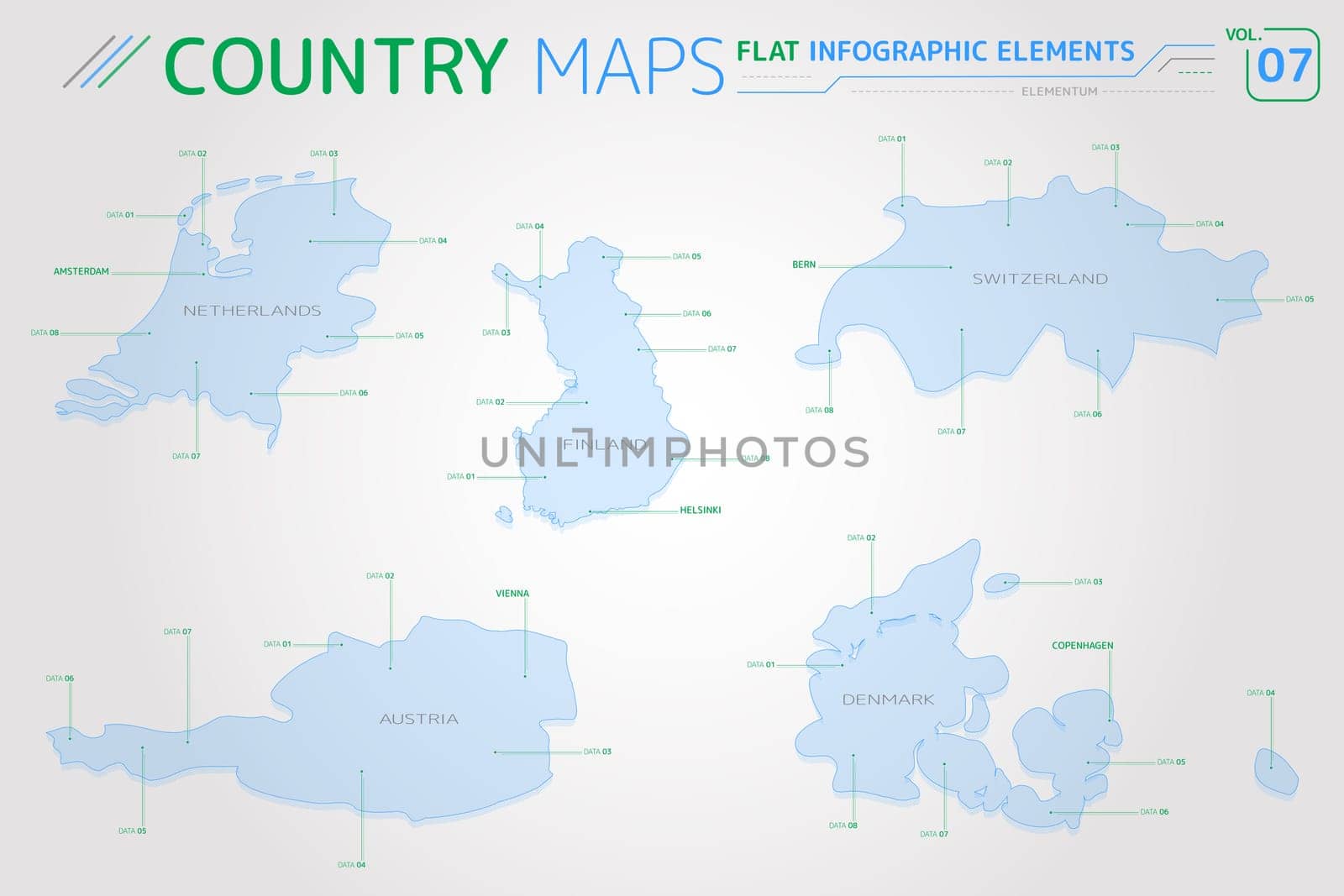 Flat vector maps collection with infographic elements.