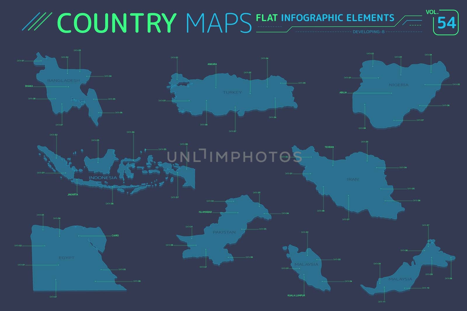 Flat vector maps collection with infographic elements.