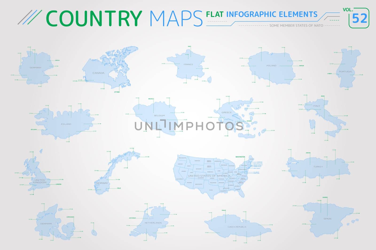 Flat vector maps collection with infographic elements.