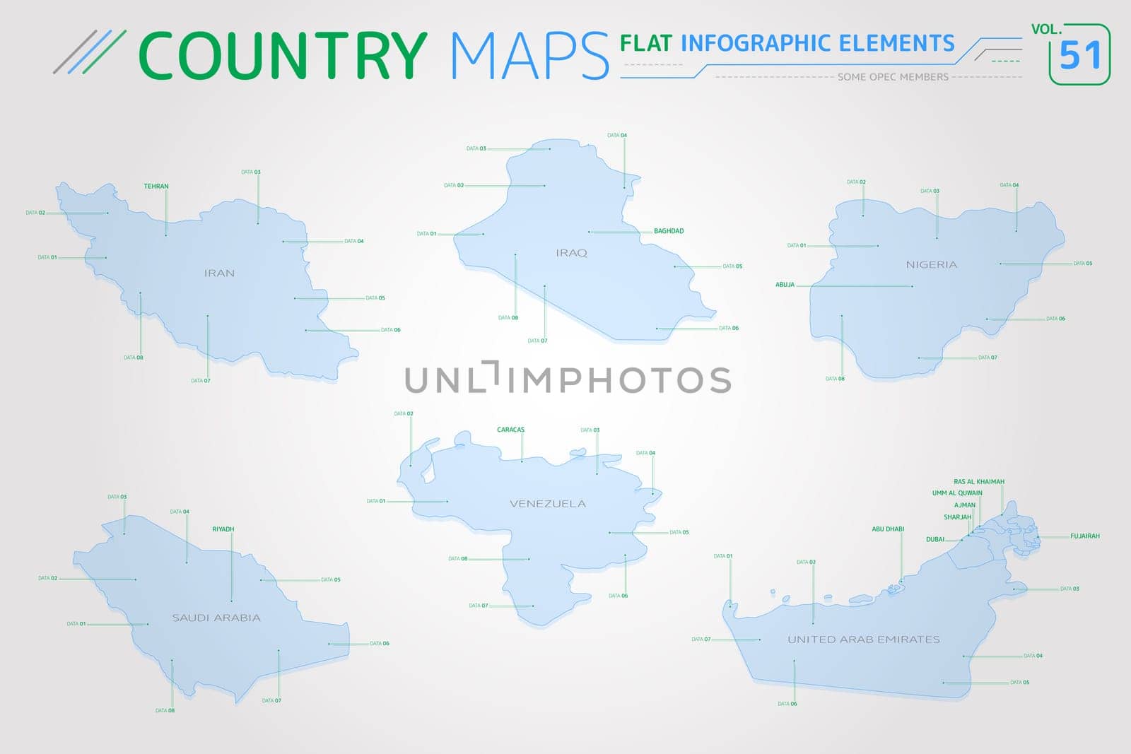 Flat vector maps collection with infographic elements.