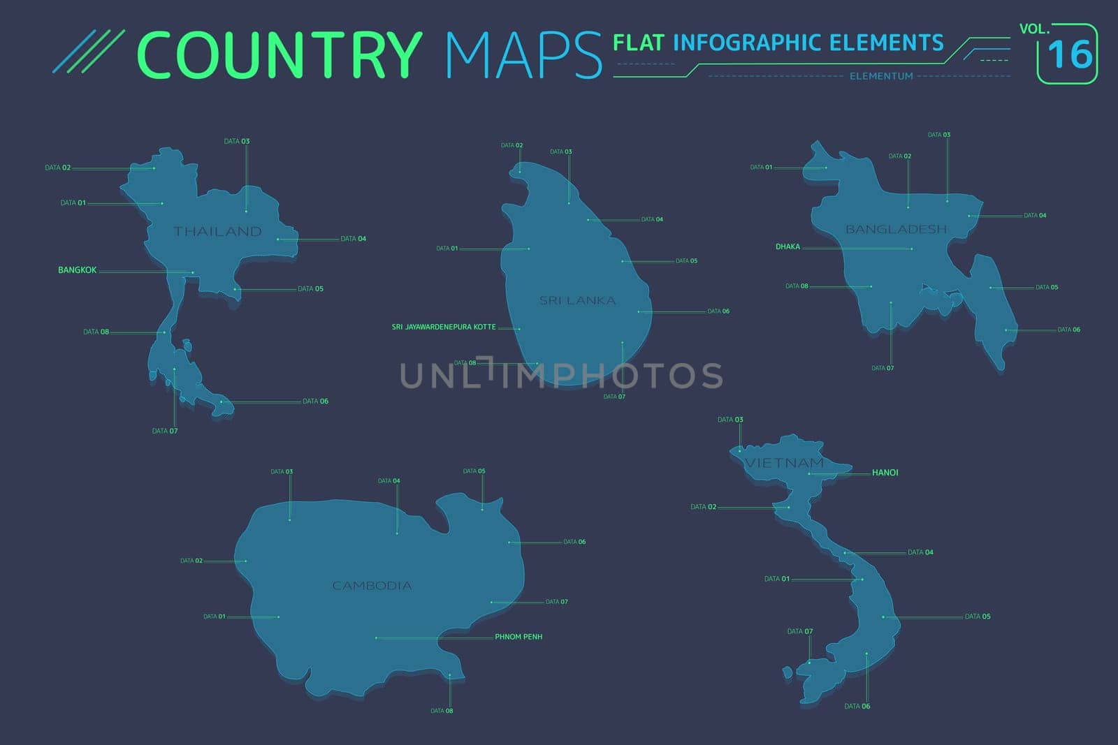 Flat vector maps collection with infographic elements.