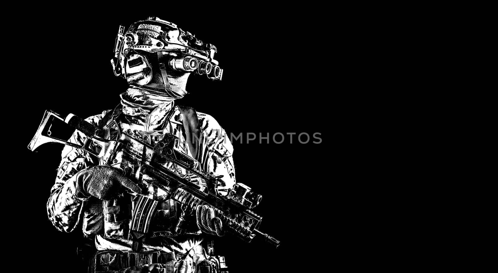 Half length portrait of army special forces rifleman, commando elite soldier equipped radio tactical headset, armed service rifle, using night vision goggles in darkness, isolated on black, copyspace