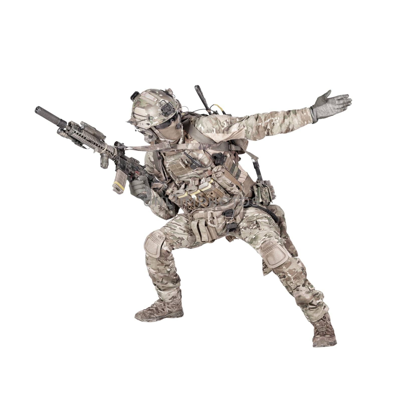 Army soldier, modern combatant, fireteam sergeant in battle uniform and helmet, armed with service rifle, duck under enemy fire, giving follow me arm signal studio shoot isolated on white background