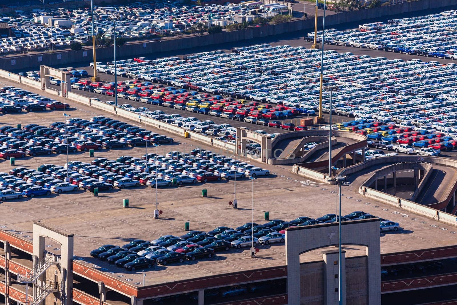 Durban harbor port car terminal export import landscape from birds-eye air position.