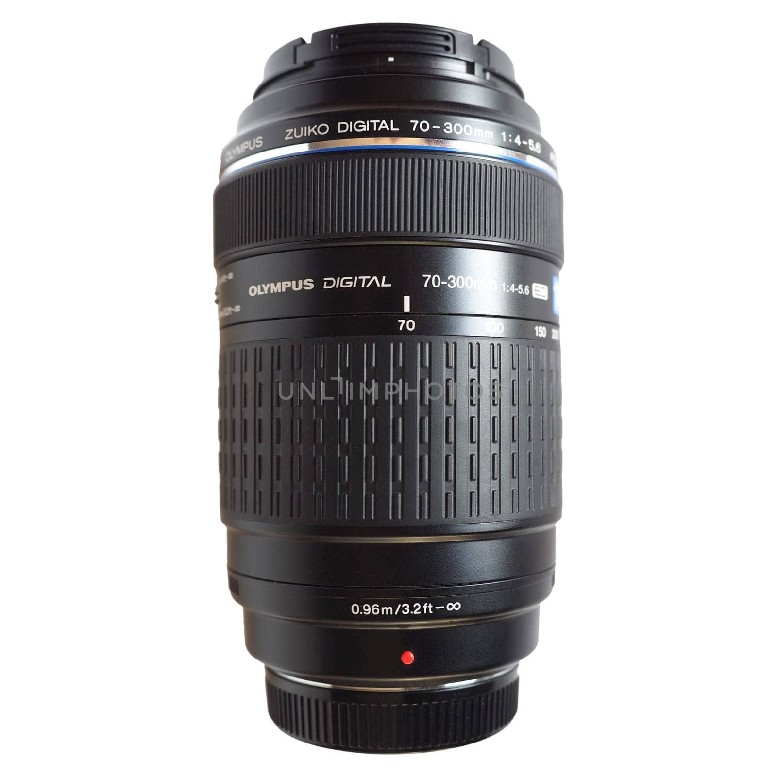 LONDON, UK - FEBRUARY 8, 2015: Olympus Zuiko ED 70-300 mm Four Thirds digital zoom tele lens isolated over white background