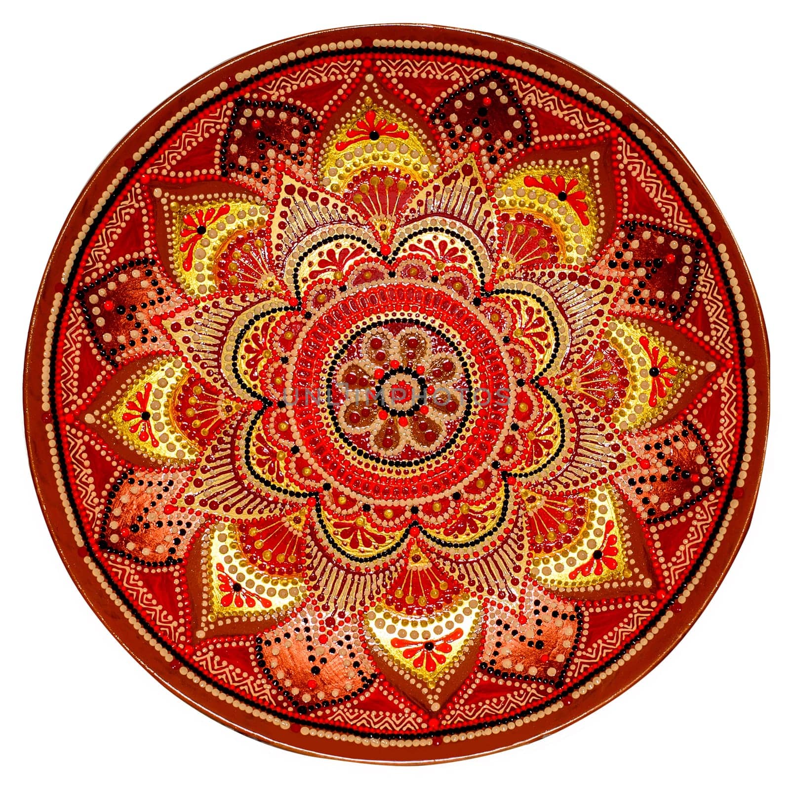 Decorative ceramic dish painted with hands. Art, handmade. Pattern mandala